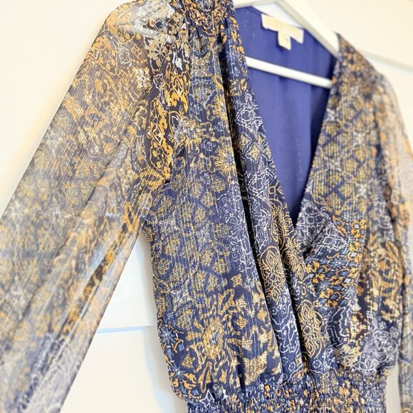 Michael Kors Women's Long Sleeve Midi Dress Navy & Gold Van Gogh Pattern - Picture 6 of 6